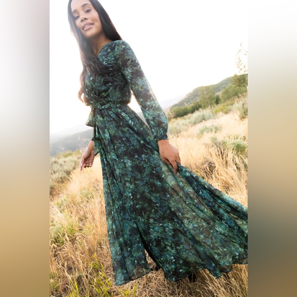 Ivy City Laney Green Watercolor Tiered Bishop Sleeve Maxi Sundress Size XXS - Picture 3 of 16